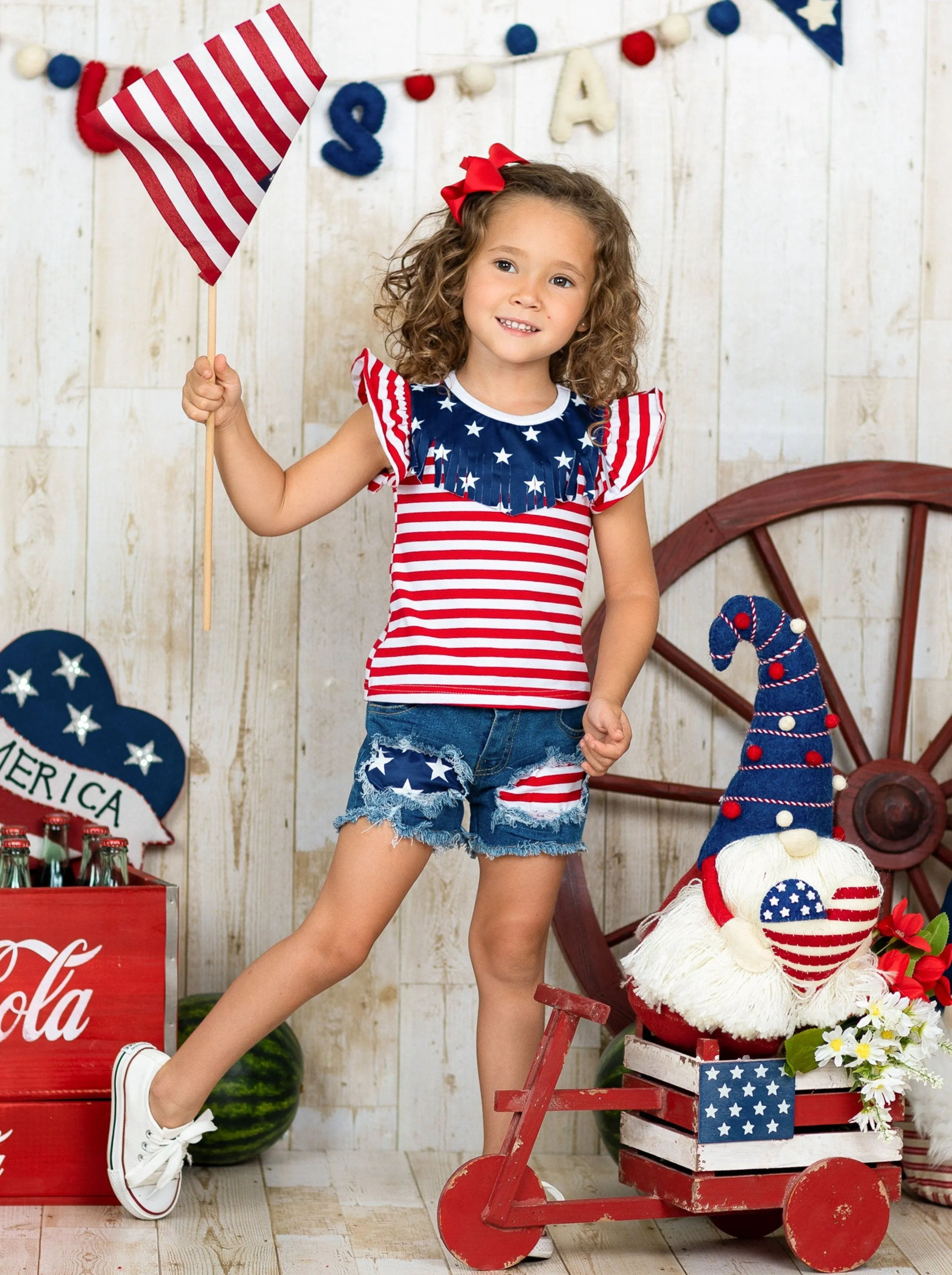 Girls Spangled Banner Top and Denim Shorts with Sash Set