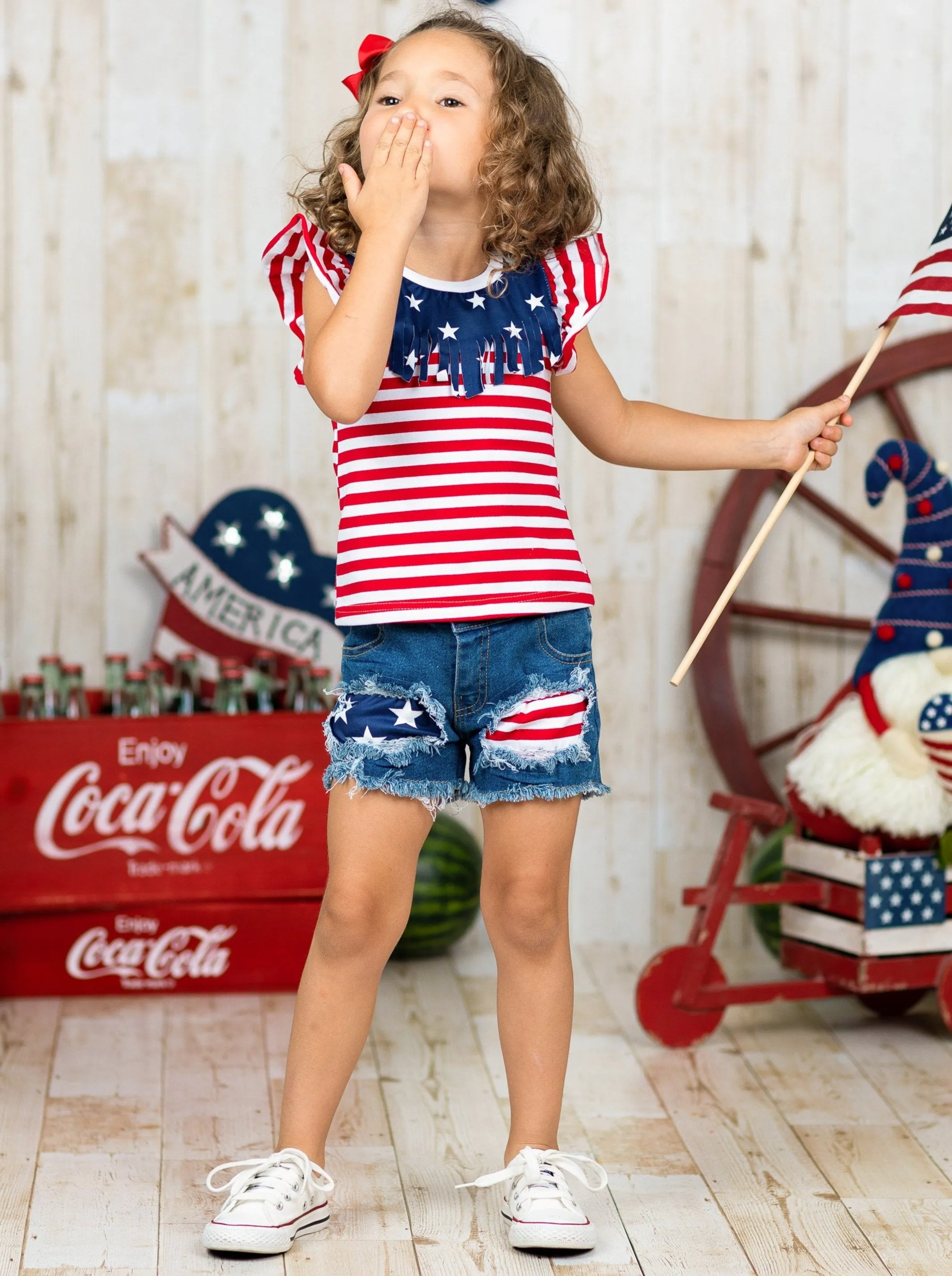Girls Spangled Banner Top and Denim Shorts with Sash Set