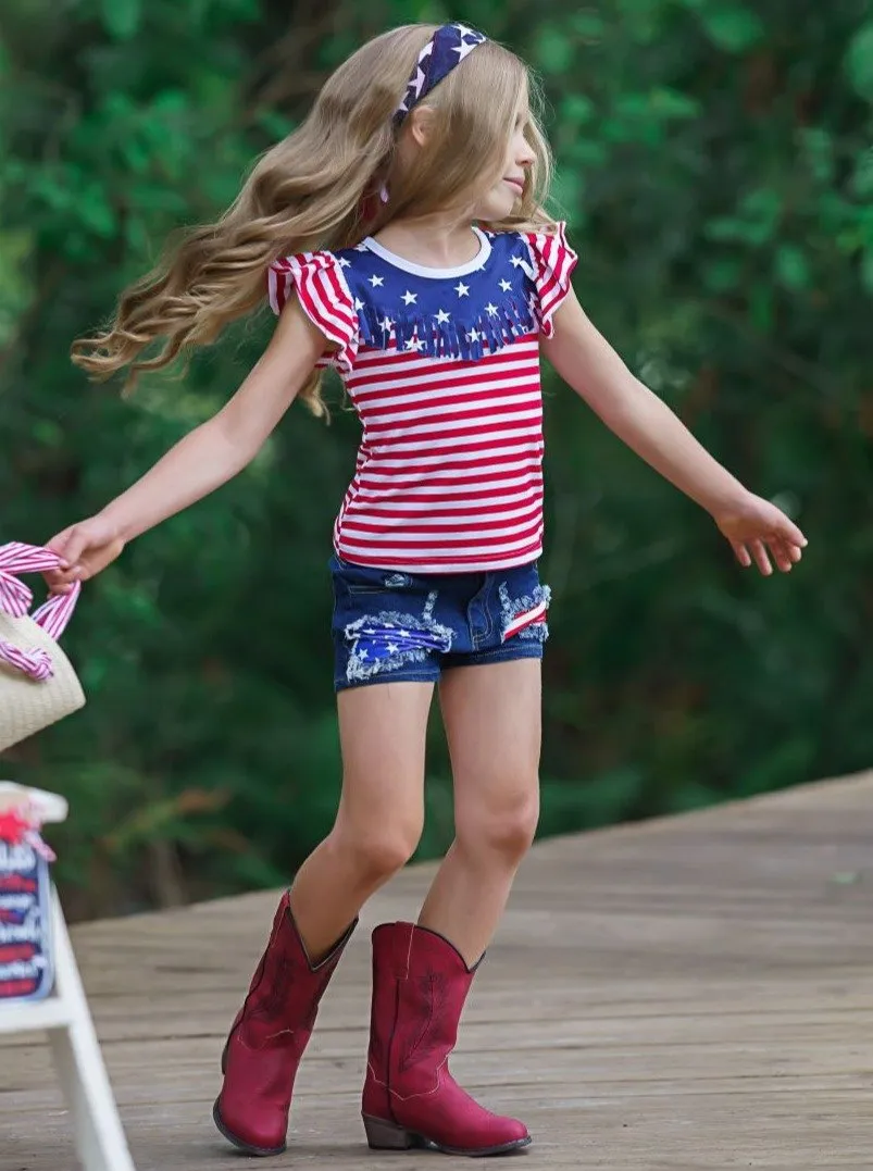 Girls Spangled Banner Top and Denim Shorts with Sash Set