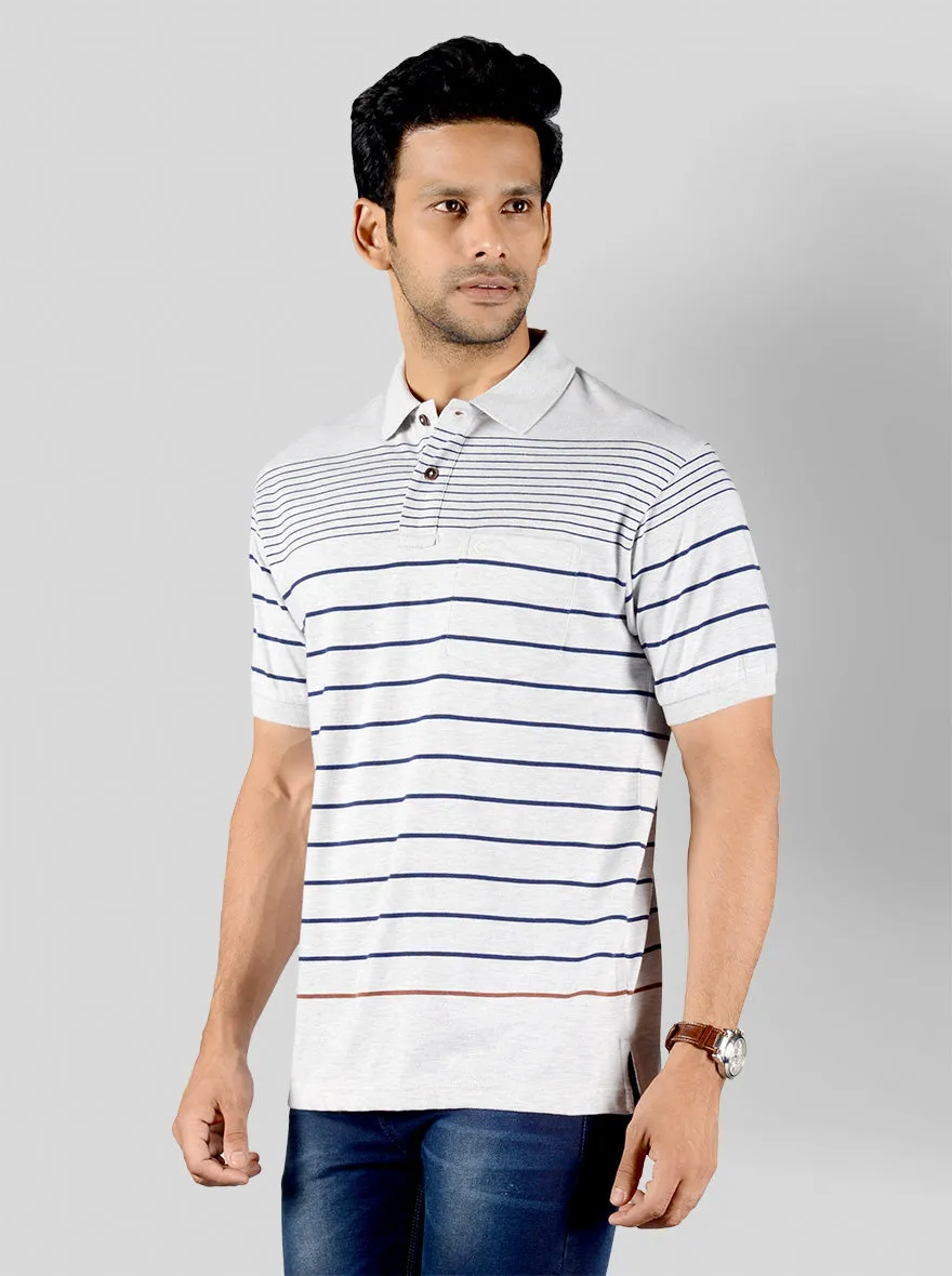 Glacier Grey Striped Slim Fit Polo T-shirt | Greenfibre