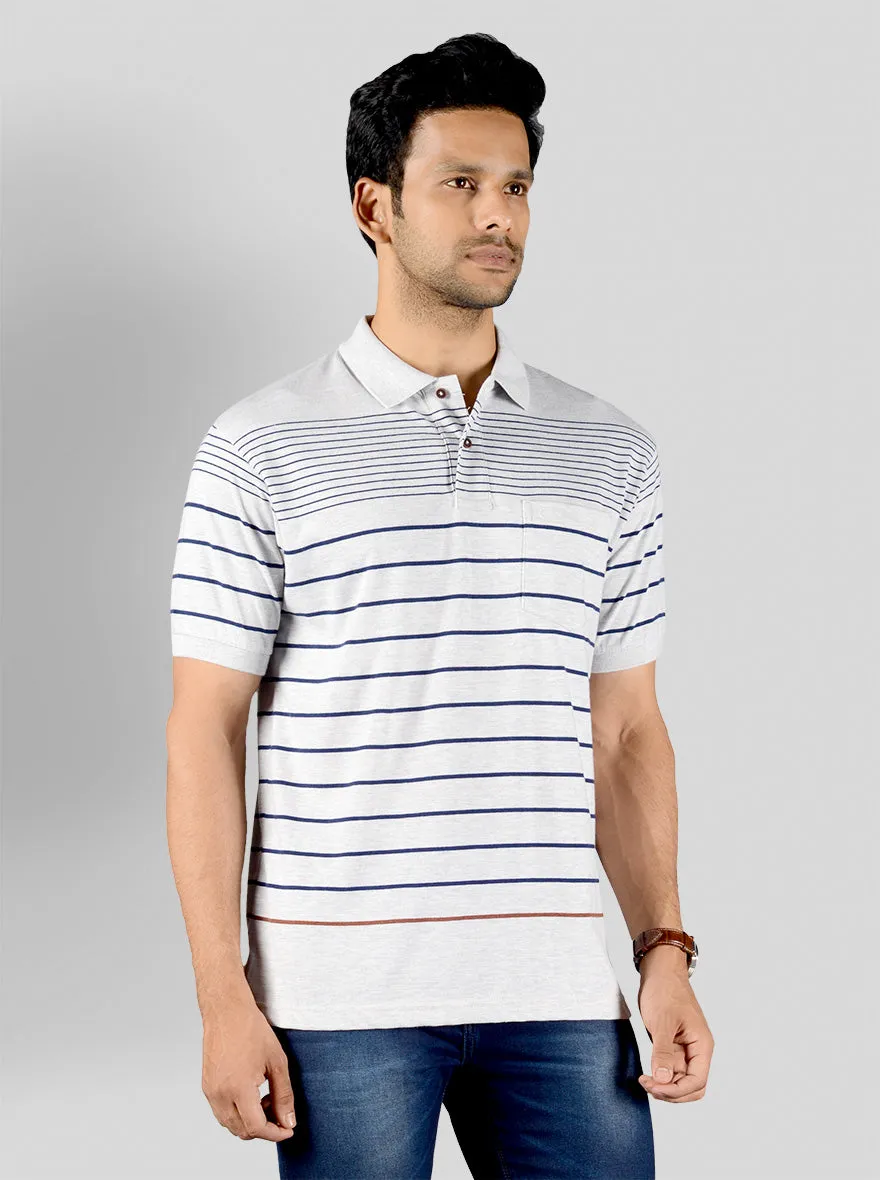 Glacier Grey Striped Slim Fit Polo T-shirt | Greenfibre