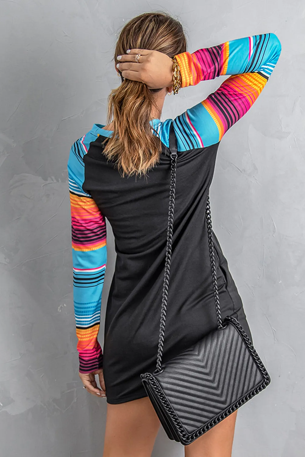Graphic Letter Print Striped Long Sleeve Mini Dress with Pockets