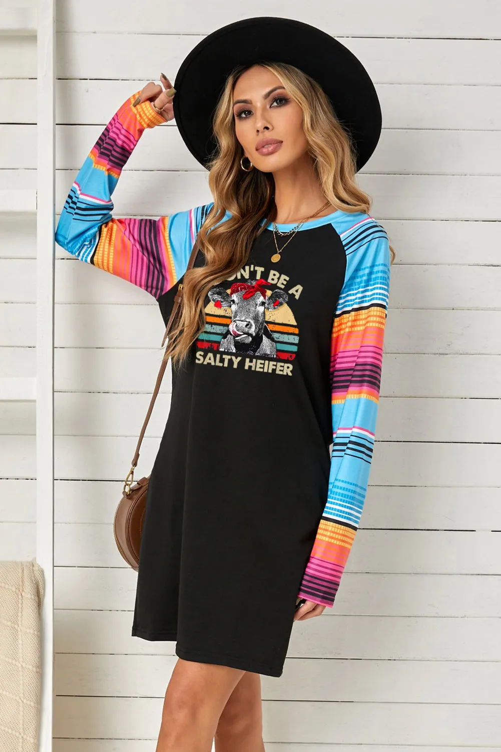 Graphic Letter Print Striped Long Sleeve Mini Dress with Pockets