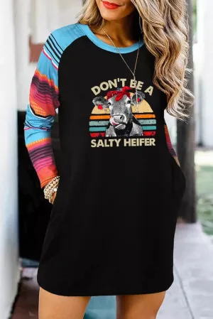 Graphic Letter Print Striped Long Sleeve Mini Dress with Pockets