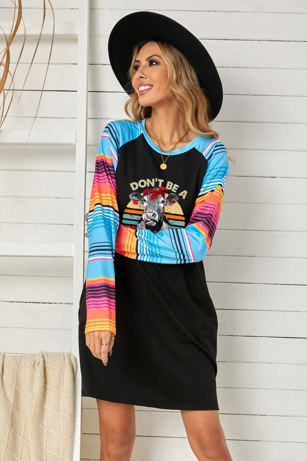 Graphic Letter Print Striped Long Sleeve Mini Dress with Pockets