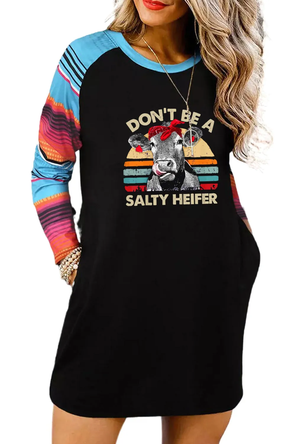 Graphic Letter Print Striped Long Sleeve Mini Dress with Pockets