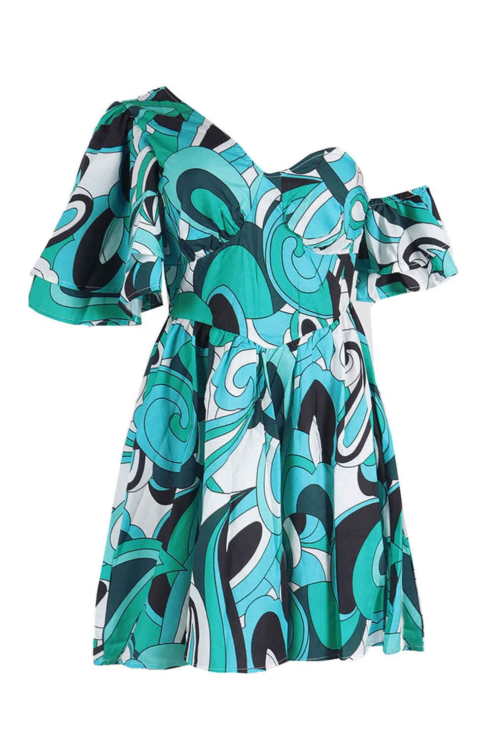 Graphic Print Off Shoulder Asymmetrical Sleeve Cinch Waist Mini Dresses-Green