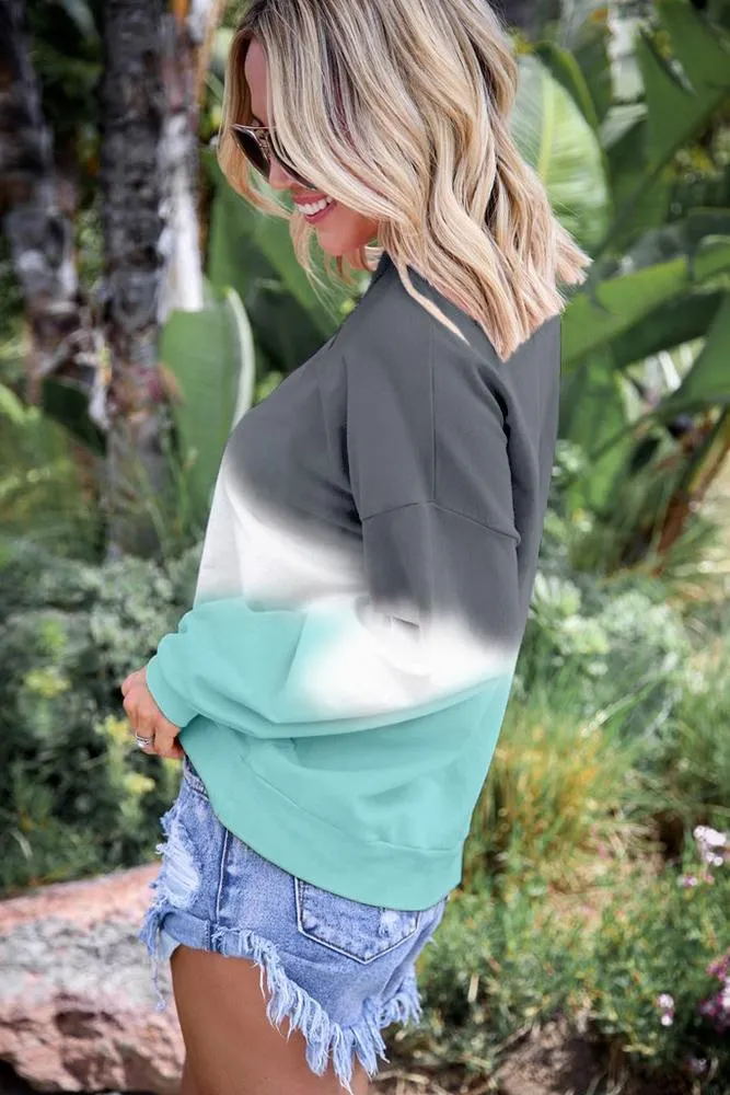 Gray Color Block Tie Dye Pullover Sweatshirt