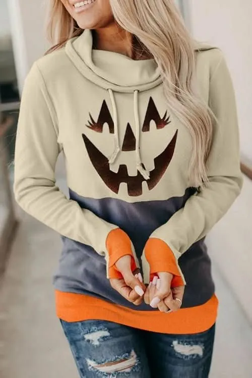 Gray Cowl Neck Pumpkin Print Color Block Halloween Sweatshirt