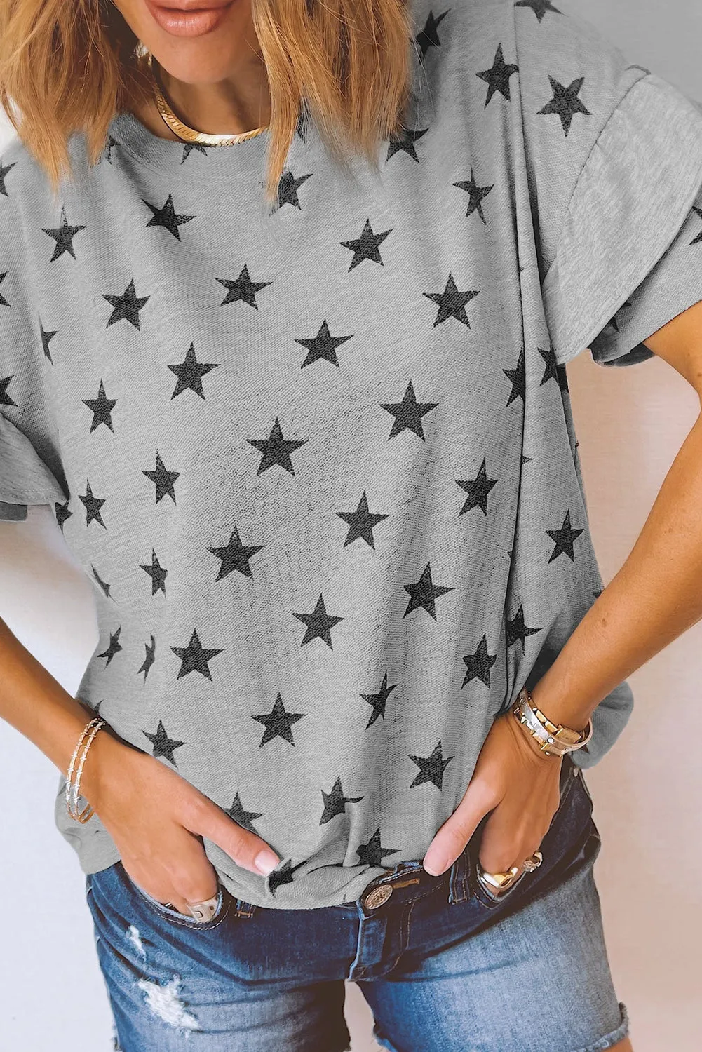 Gray Star Print Tiered Ruffle Sleeve Crew Neck T Shirt