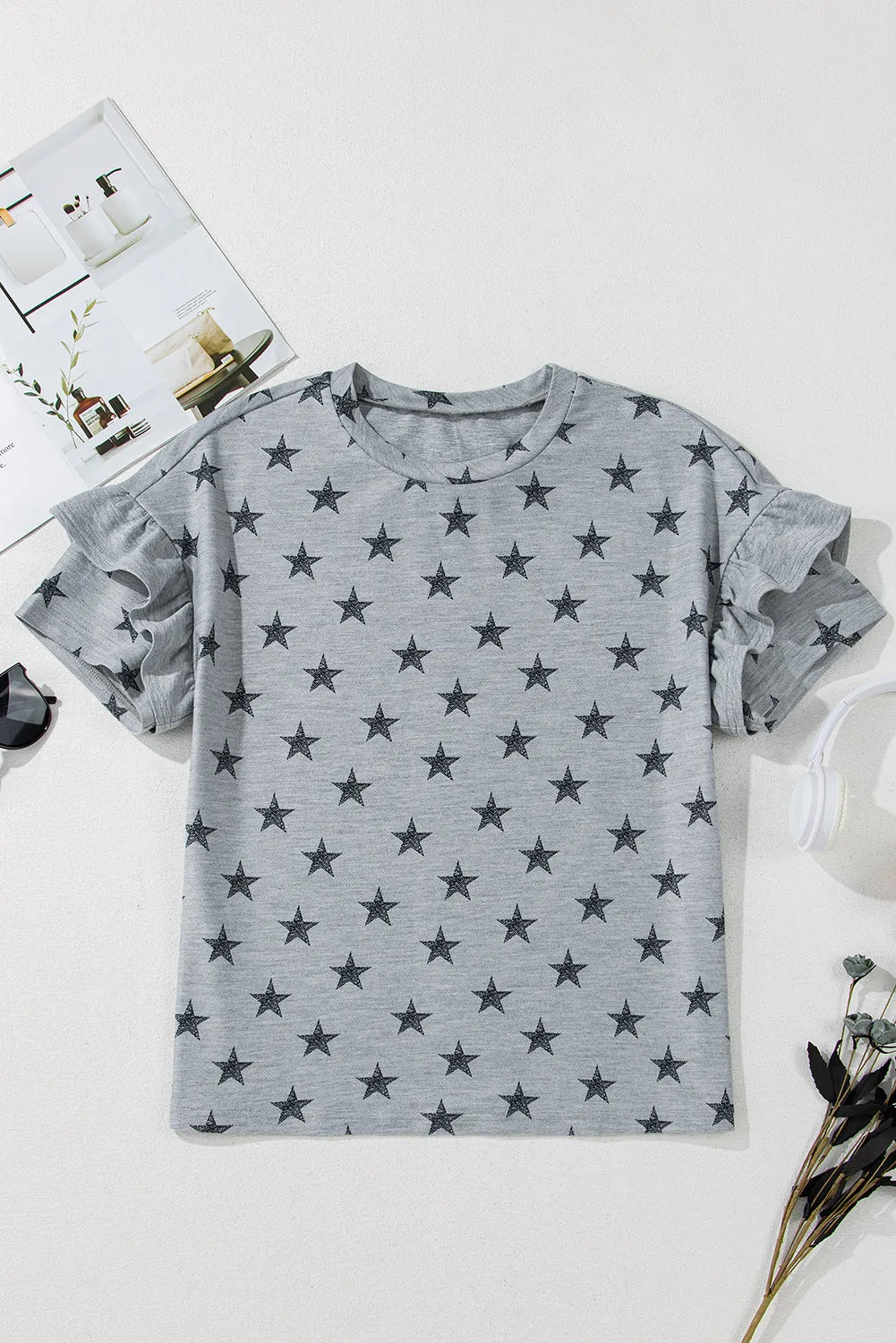 Gray Star Print Tiered Ruffle Sleeve Crew Neck T Shirt