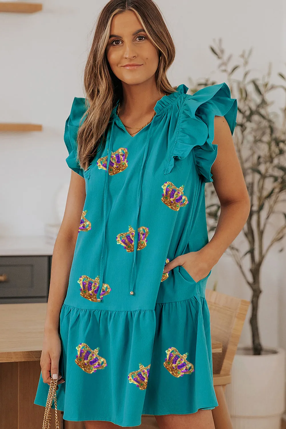Green Carnival Sequin Crown Tiered Ruffled Sleeve Mini Dress