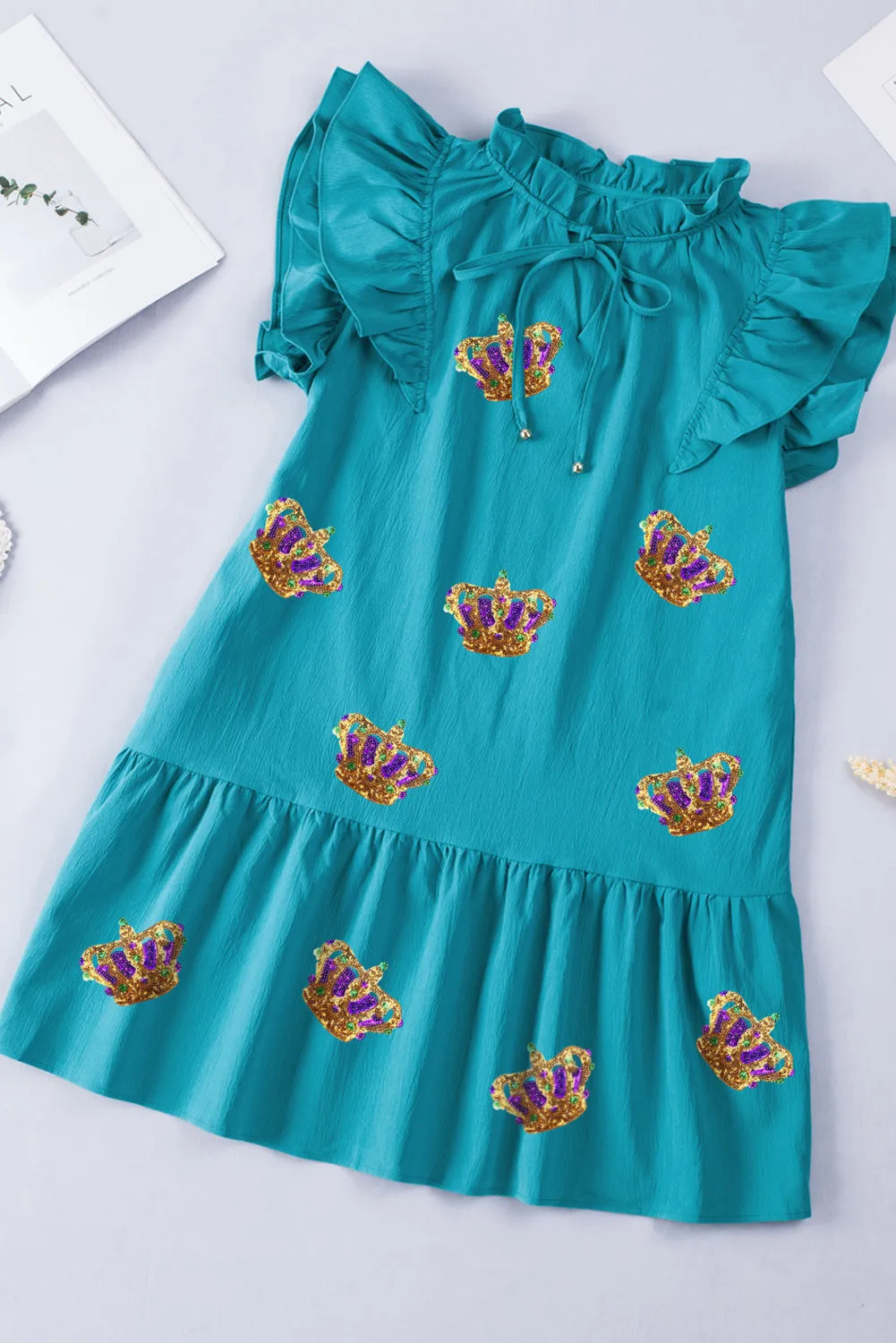 Green Carnival Sequin Crown Tiered Ruffled Sleeve Mini Dress