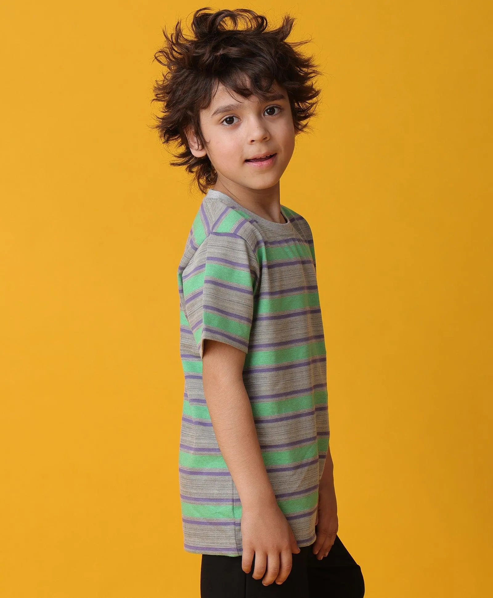 GREEN GREY STRIPED SHORT SLEEVES BOYS T-SHIRT -GREEN