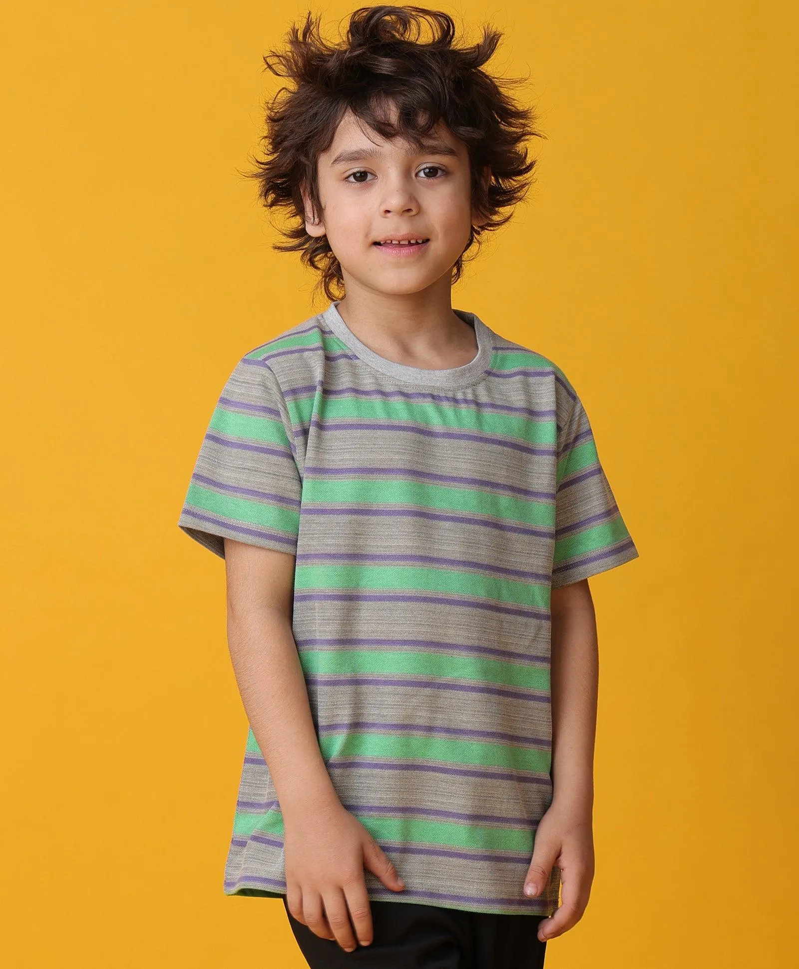 GREEN GREY STRIPED SHORT SLEEVES BOYS T-SHIRT -GREEN