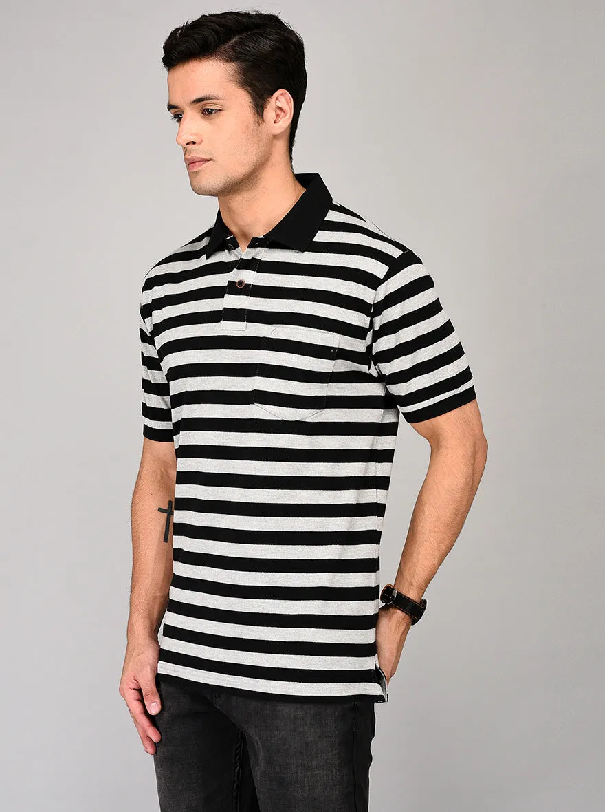 Grey & Black Striped Slim Fit Polo T-shirt | Greenfibre