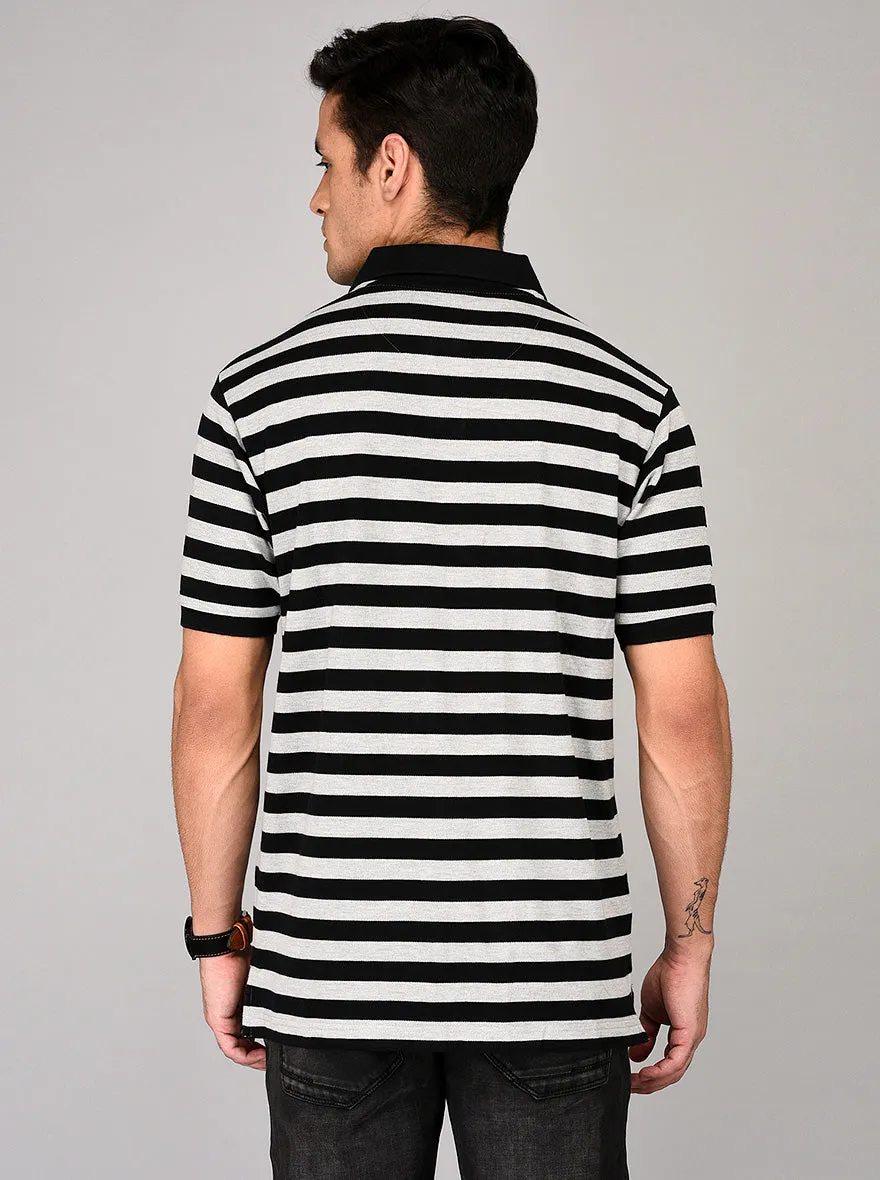 Grey & Black Striped Slim Fit Polo T-shirt | Greenfibre