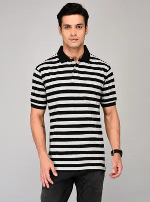 Grey & Black Striped Slim Fit Polo T-shirt | Greenfibre