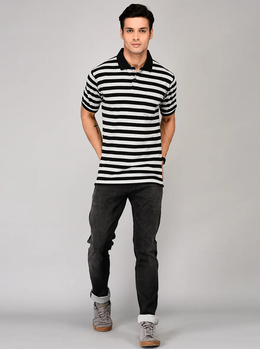 Grey & Black Striped Slim Fit Polo T-shirt | Greenfibre