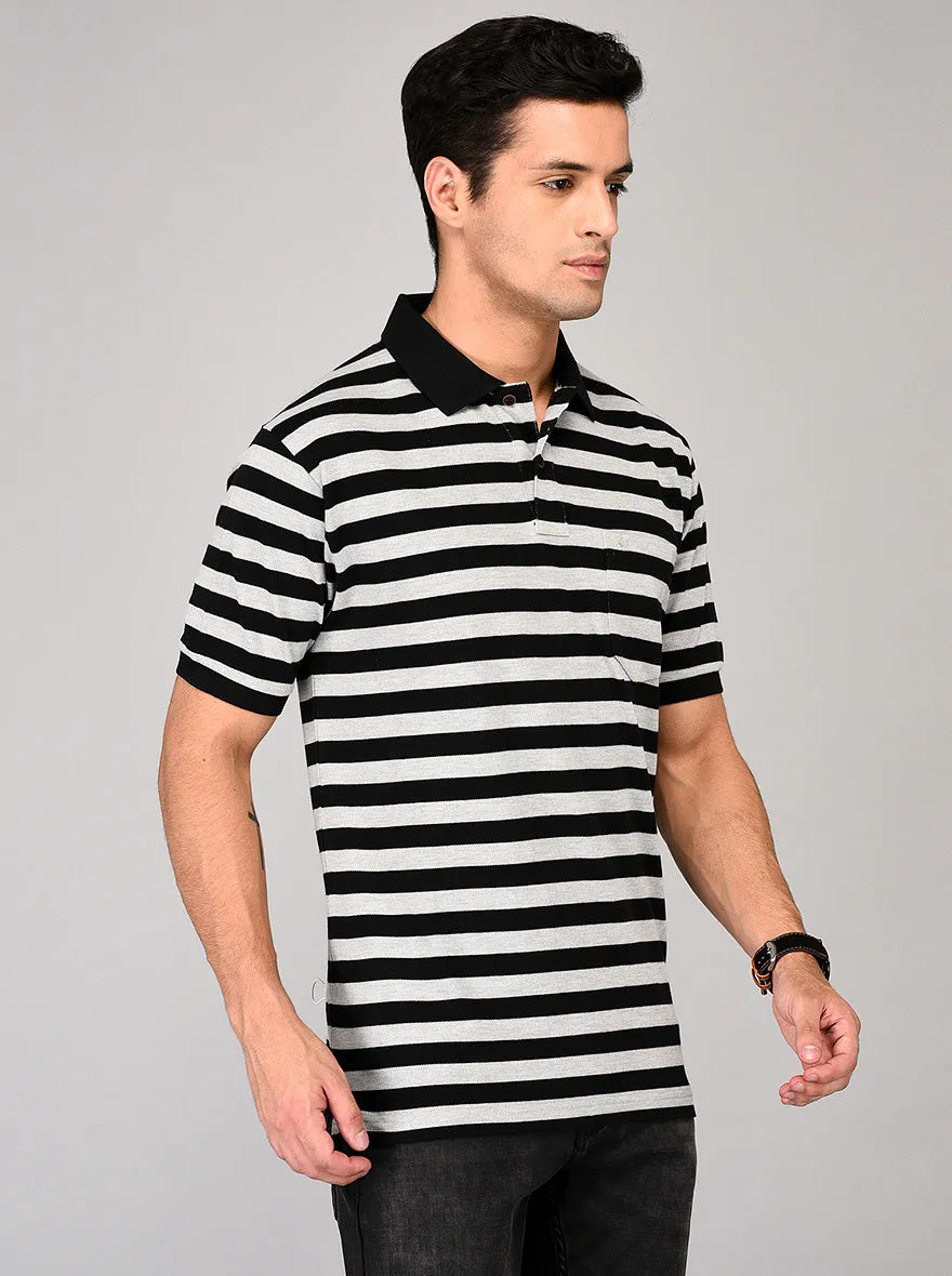 Grey & Black Striped Slim Fit Polo T-shirt | Greenfibre