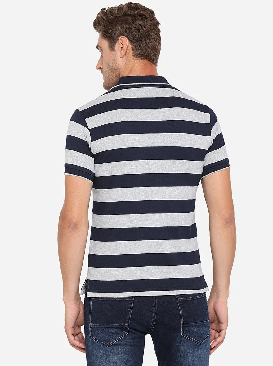 Grey & Blue Striped Slim Fit Polo T-Shirt | Greenfibre