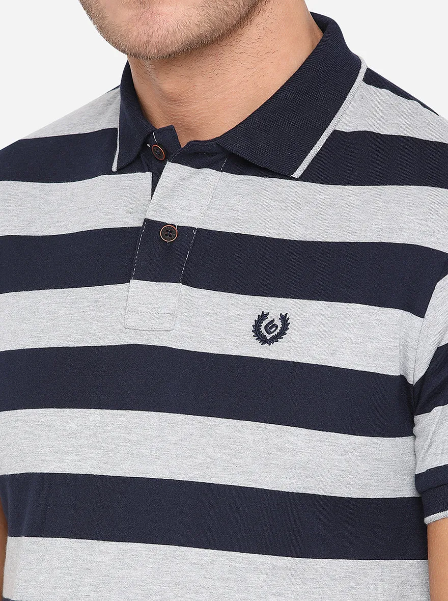 Grey & Blue Striped Slim Fit Polo T-Shirt | Greenfibre