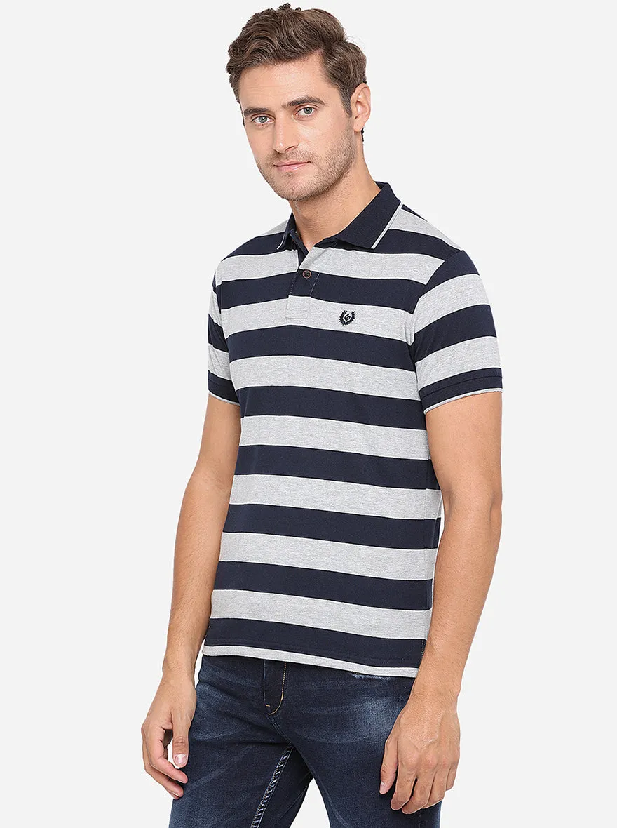 Grey & Blue Striped Slim Fit Polo T-Shirt | Greenfibre