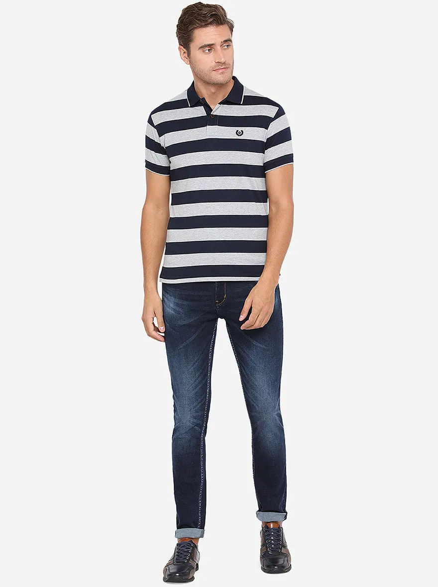 Grey & Blue Striped Slim Fit Polo T-Shirt | Greenfibre