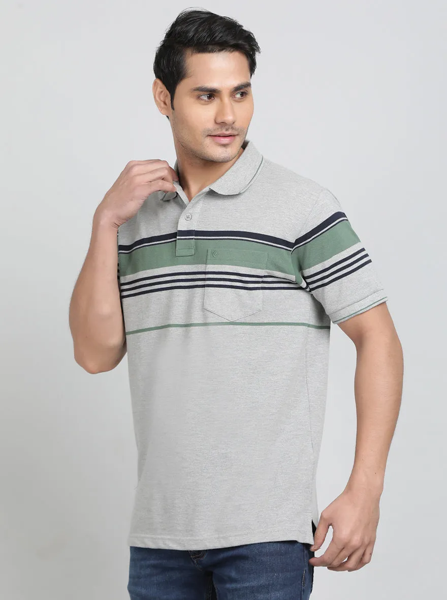 Grey Striped Regular Fit Polo T-Shirt | Greenfibre
