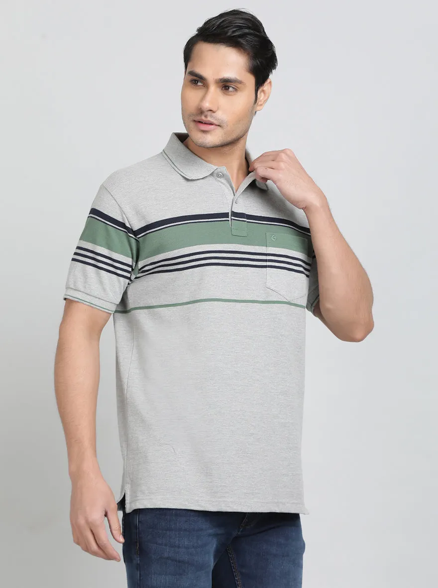 Grey Striped Regular Fit Polo T-Shirt | Greenfibre