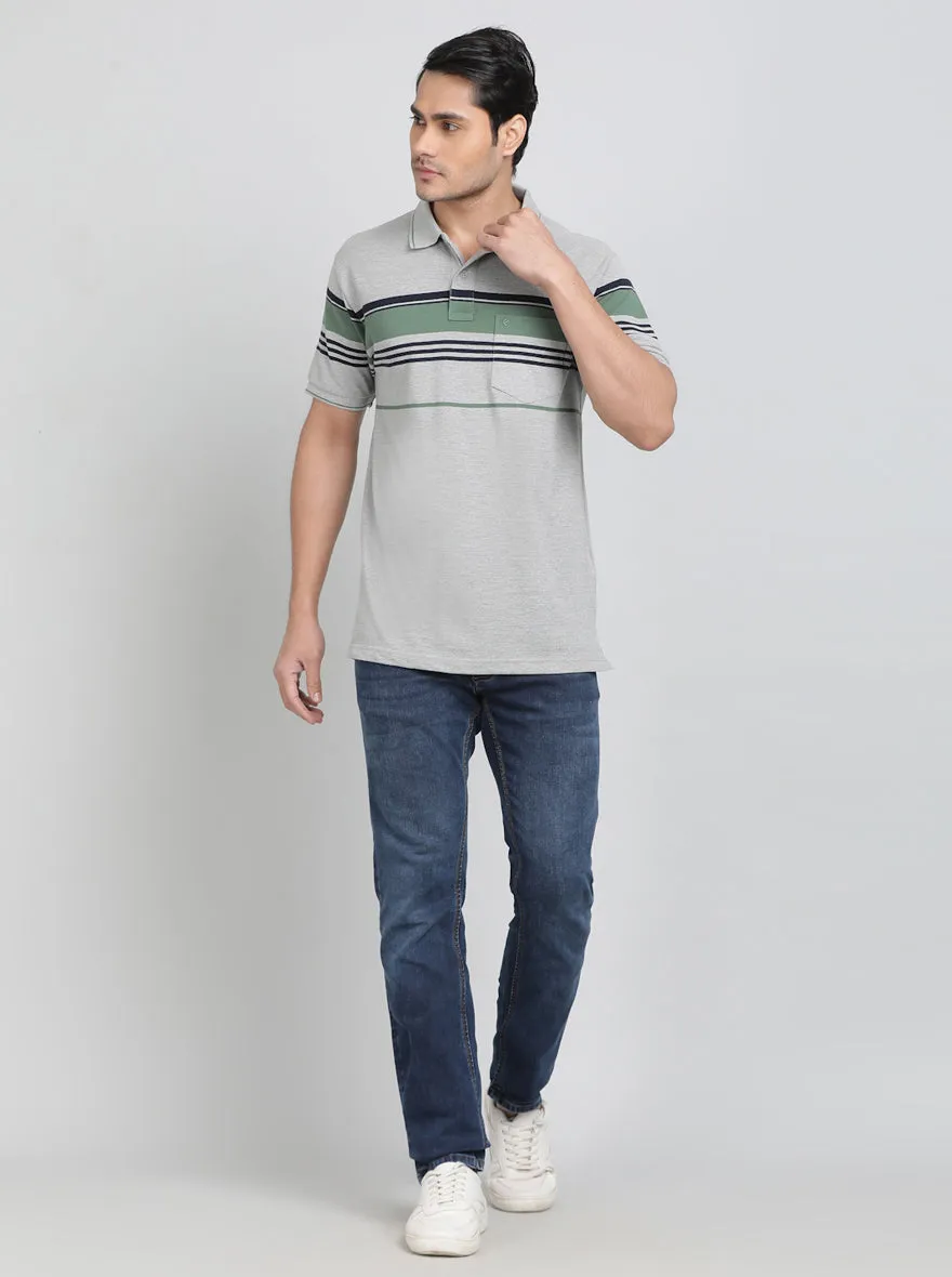 Grey Striped Regular Fit Polo T-Shirt | Greenfibre
