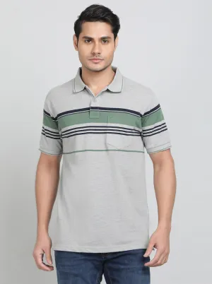 Grey Striped Regular Fit Polo T-Shirt | Greenfibre