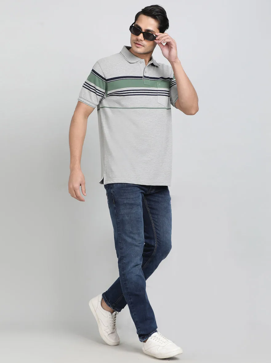 Grey Striped Regular Fit Polo T-Shirt | Greenfibre