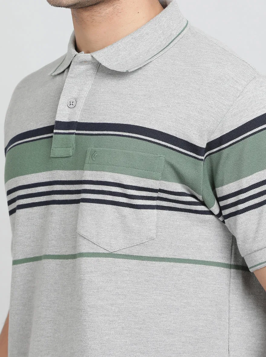 Grey Striped Regular Fit Polo T-Shirt | Greenfibre