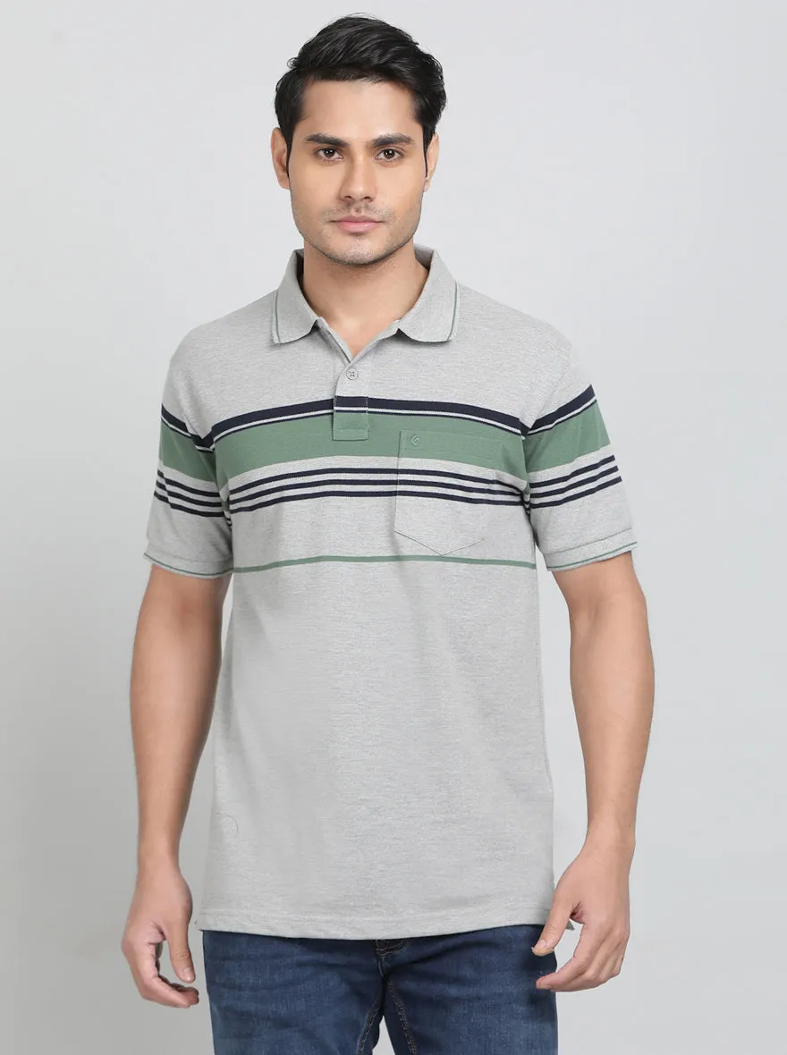 Grey Striped Regular Fit Polo T-Shirt | Greenfibre