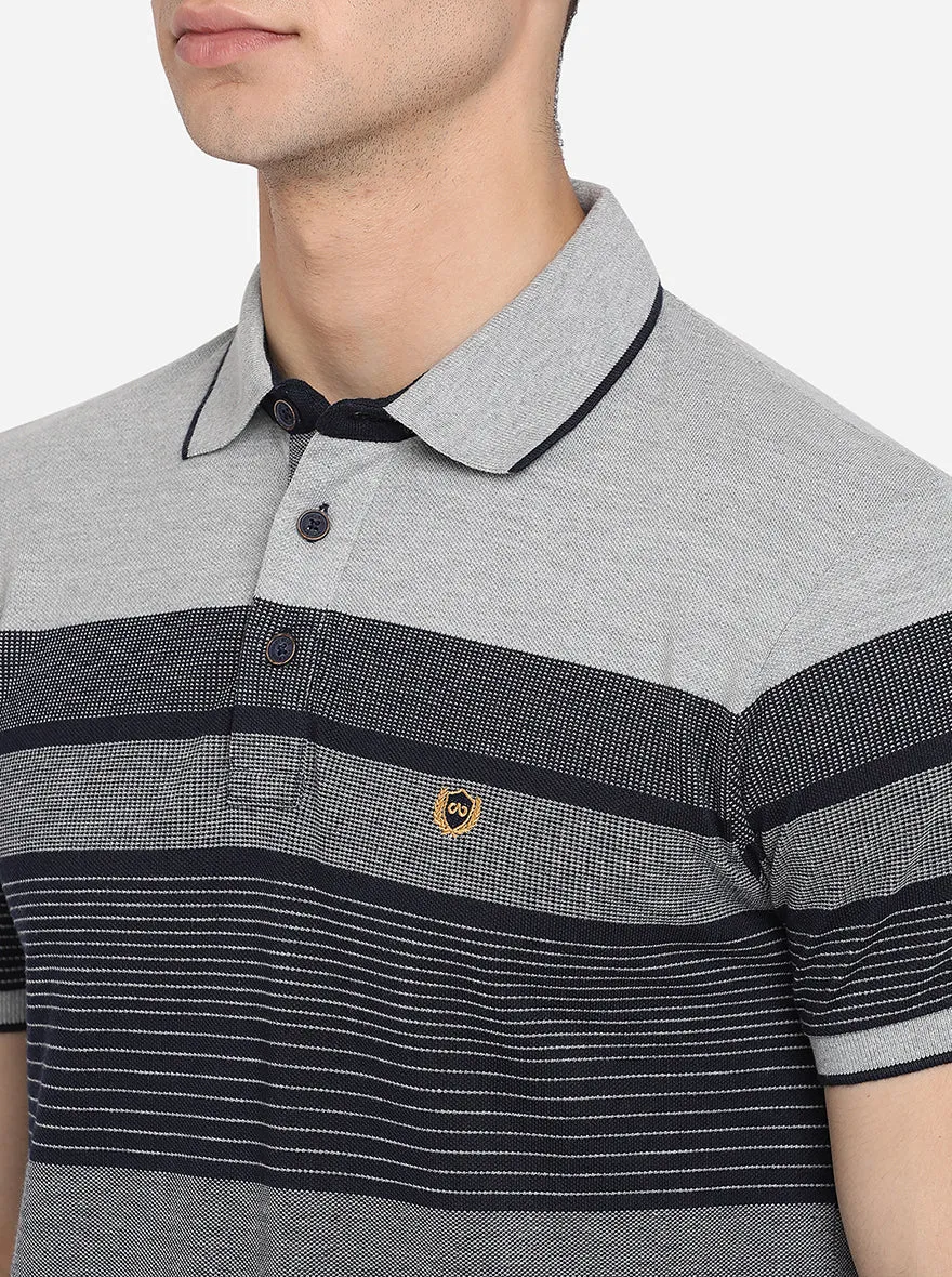 Grey Striped Slim Fit Polo T-Shirt | JadeBlue
