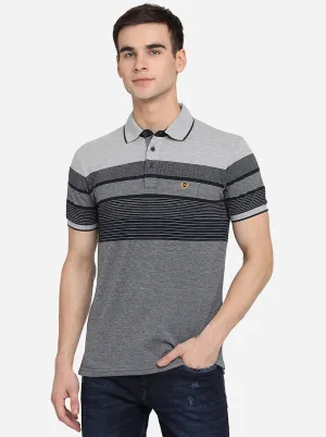 Grey Striped Slim Fit Polo T-Shirt | JadeBlue