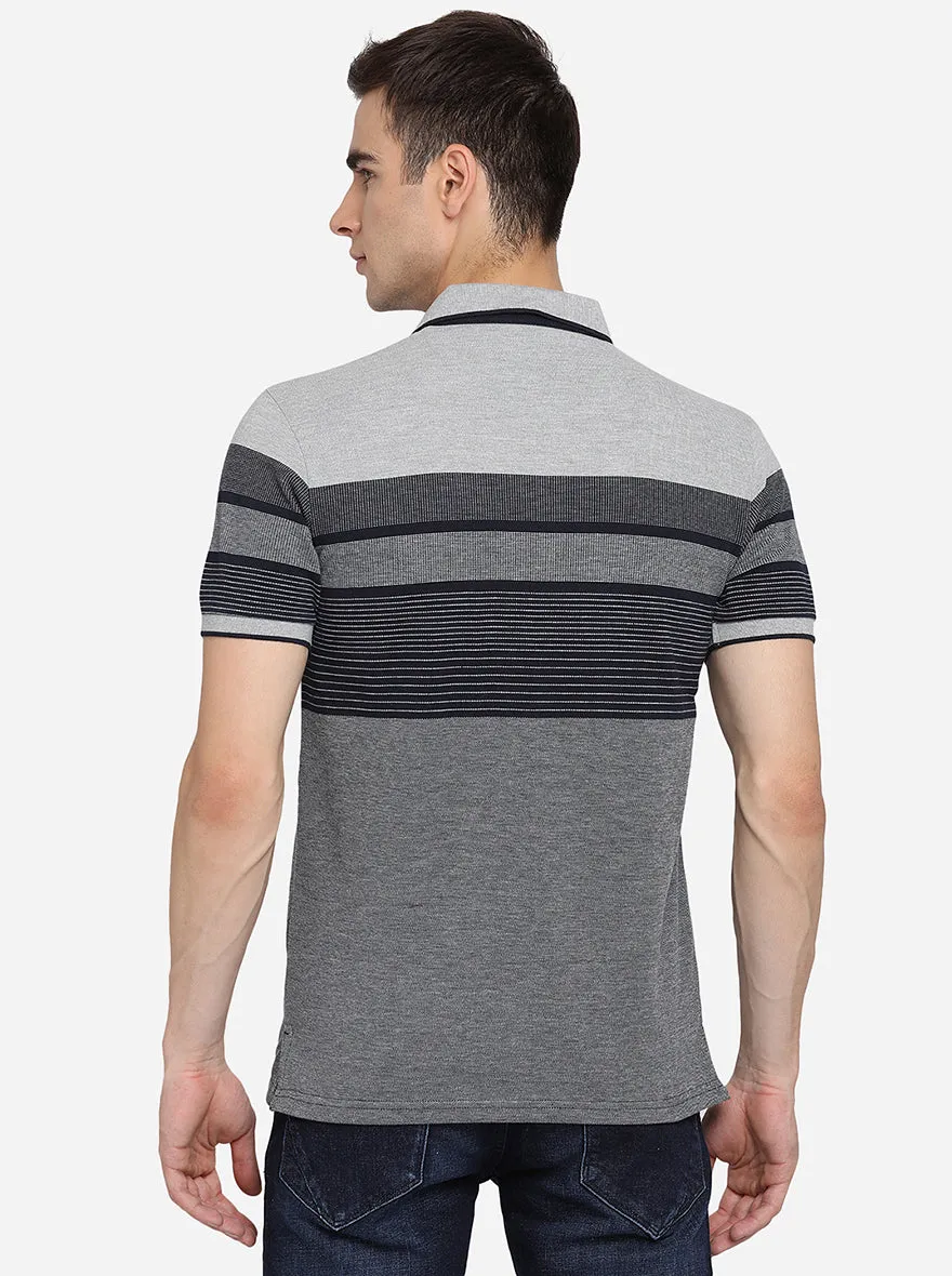 Grey Striped Slim Fit Polo T-Shirt | JadeBlue