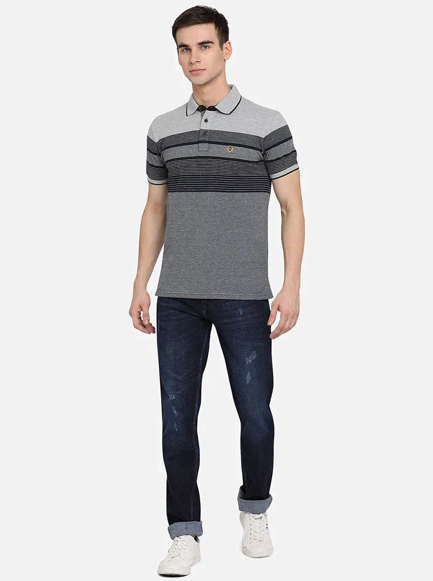 Grey Striped Slim Fit Polo T-Shirt | JadeBlue