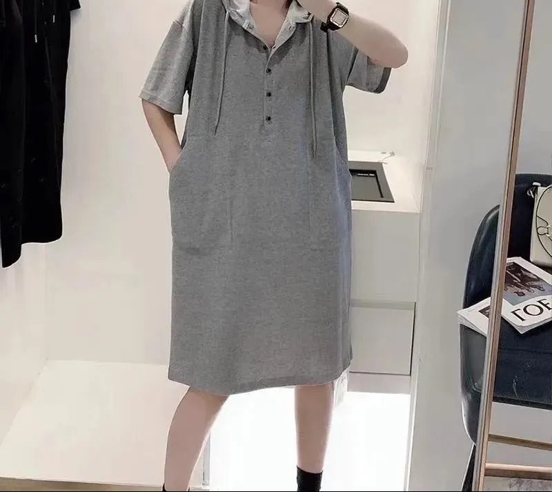 Grey T-Shirt Dress with Hoodies
