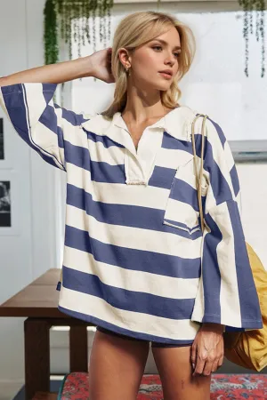 Hazel Blues® |  Oh Striped Johnny Collar Long Sleeve T-Shirt