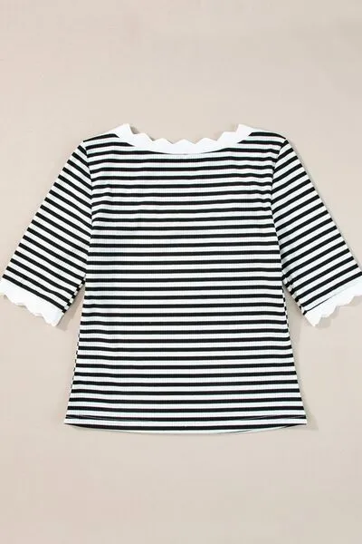 Hazel Blues® |  Striped Contrast Scallop Trim Half Sleeve T-shirt