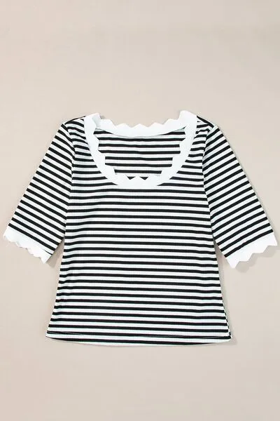 Hazel Blues® |  Striped Contrast Scallop Trim Half Sleeve T-shirt