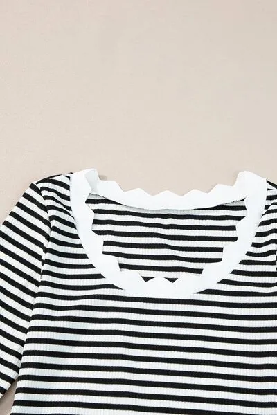 Hazel Blues® |  Striped Contrast Scallop Trim Half Sleeve T-shirt