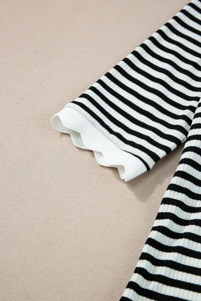 Hazel Blues® |  Striped Contrast Scallop Trim Half Sleeve T-shirt