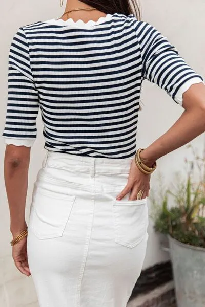 Hazel Blues® |  Striped Contrast Scallop Trim Half Sleeve T-shirt