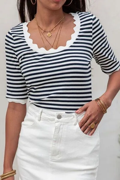 Hazel Blues® |  Striped Contrast Scallop Trim Half Sleeve T-shirt