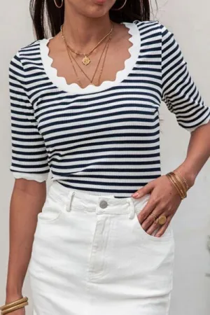 Hazel Blues® |  Striped Contrast Scallop Trim Half Sleeve T-shirt