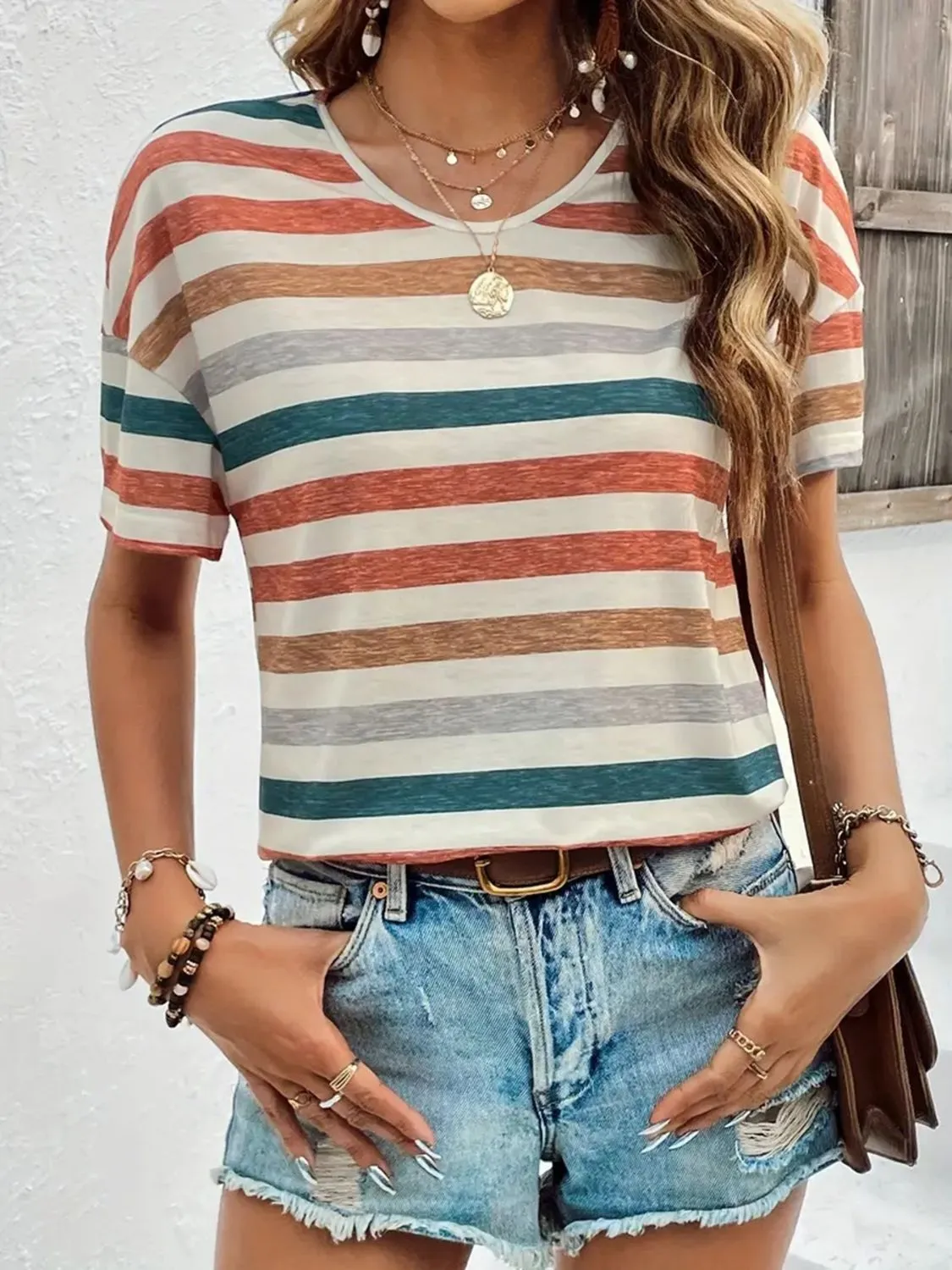 Hazel Blues® |  Striped Round Neck Short Sleeve T-Shirt