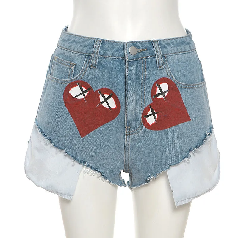 Heart Print Denim Shorts